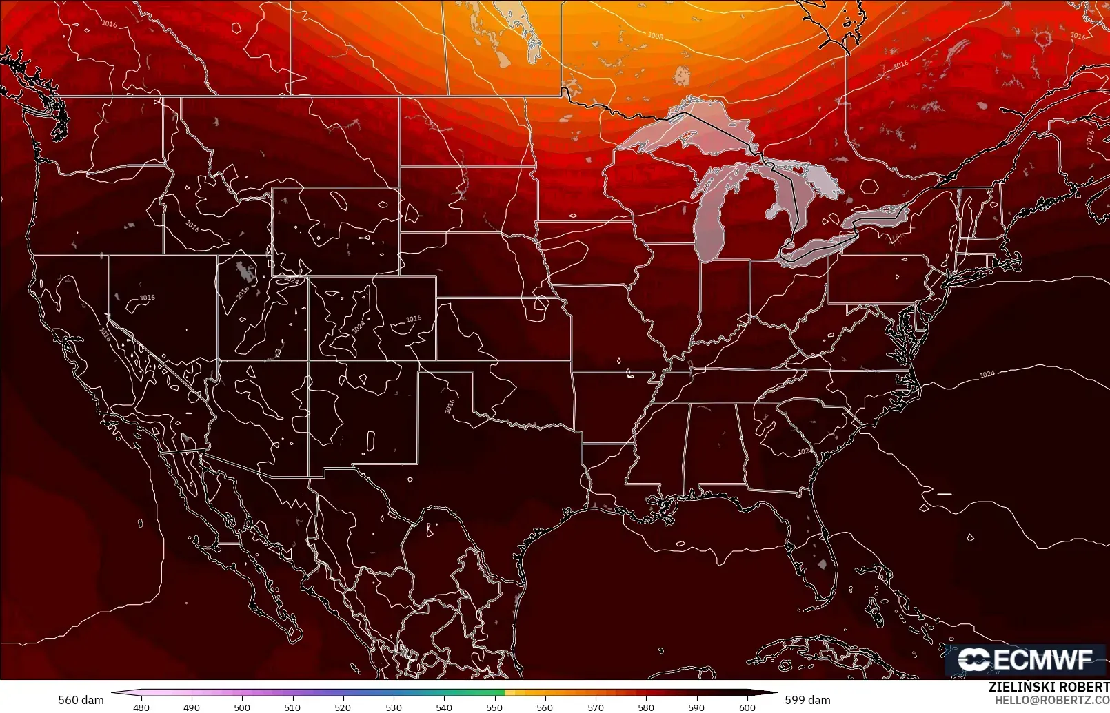 ECMWF IFS 0.25° modelo - United States, Geopotential height at 500hPa