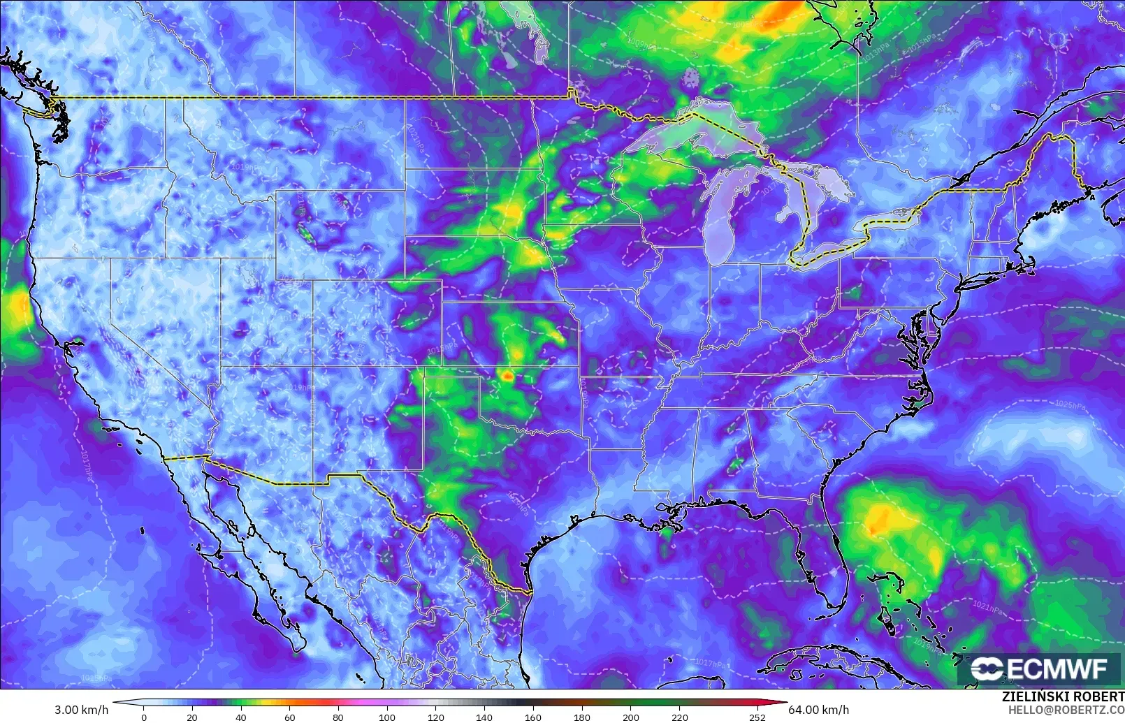 ECMWF IFS 0.25° modelo - United States, Wind Gusts Peak