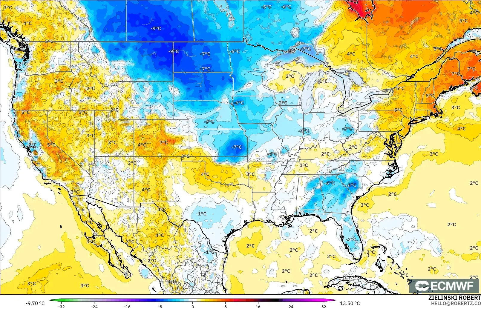 ECMWF IFS 0.25° modelo - United States, Temperature at 2m Anomaly