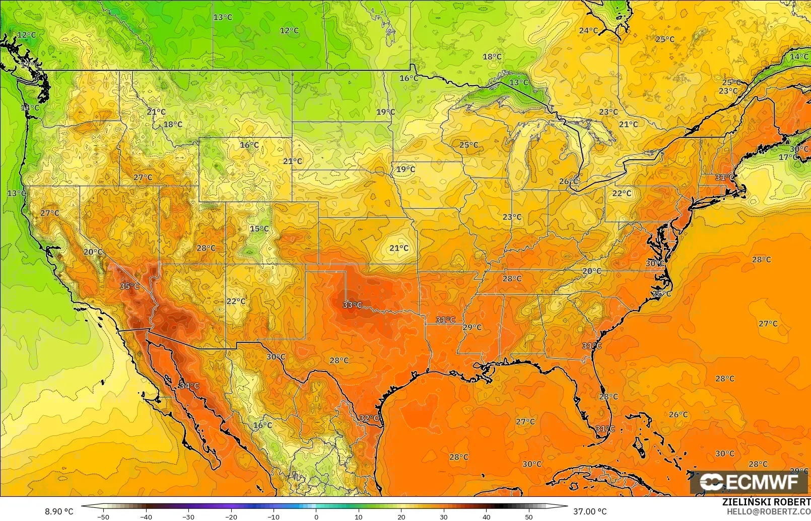 ECMWF IFS 0.25° modelo - United States, Temperature at 2m