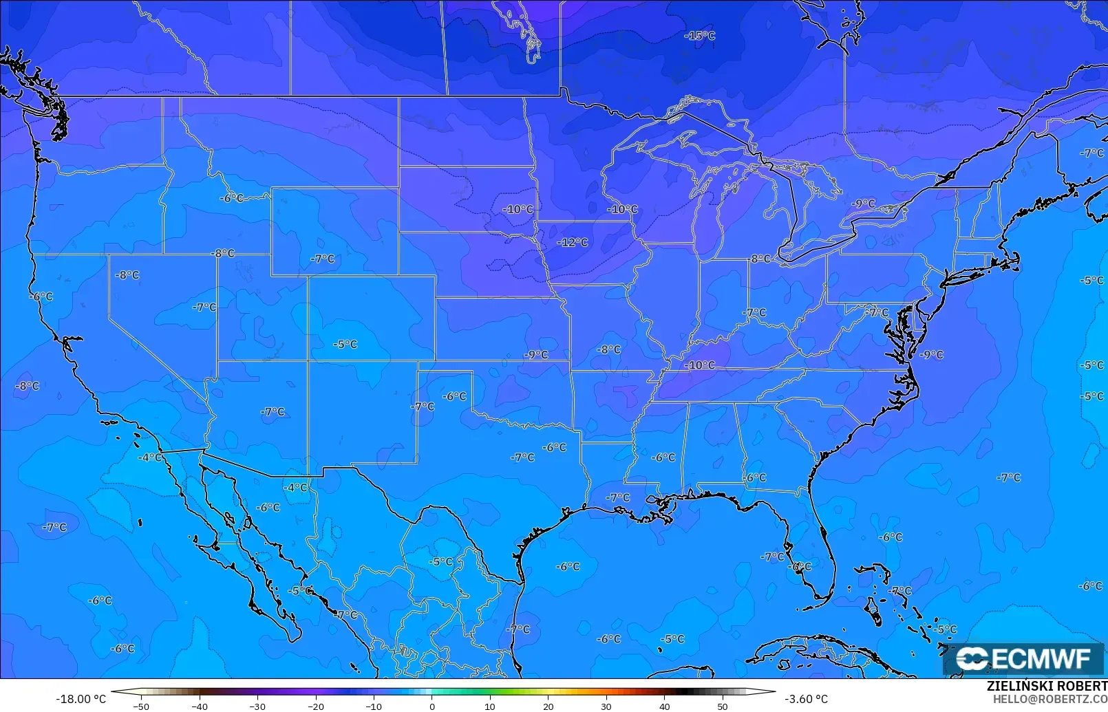 ECMWF IFS 0.25° modelo - United States, Temperature at 500hPa
