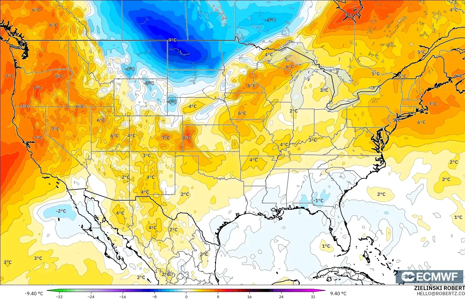 ECMWF IFS 0.25° modelo - United States, Temperature at 850hPa Anomaly