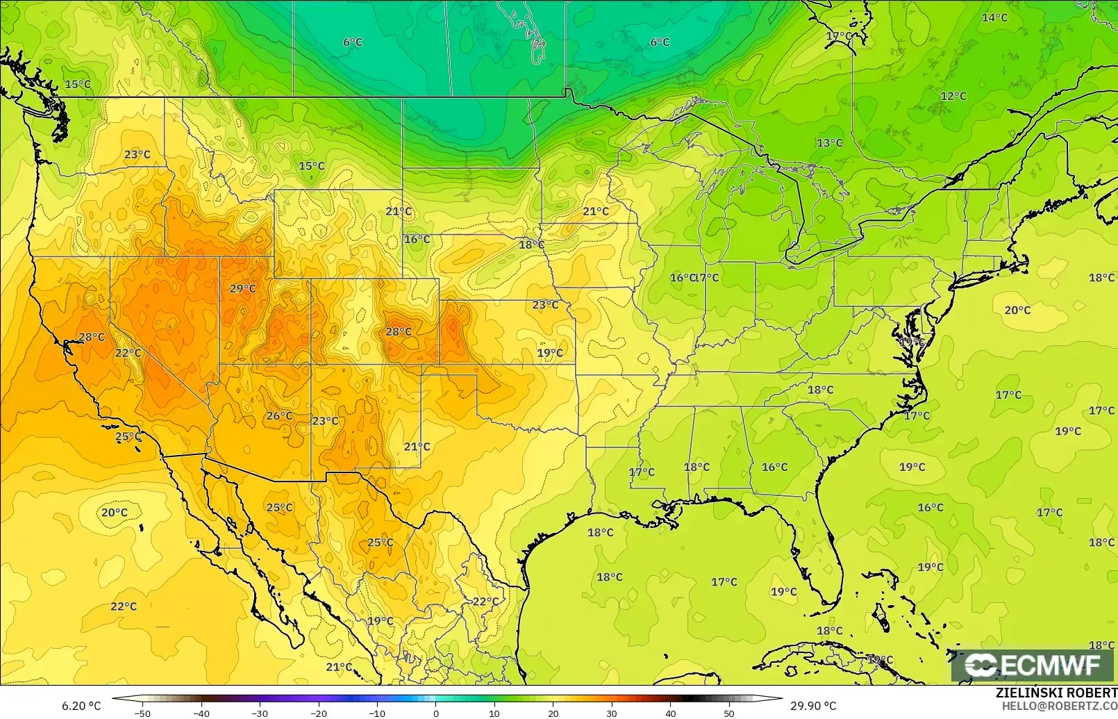 ECMWF IFS 0.25° modelo - United States, Temperature at 850hPa