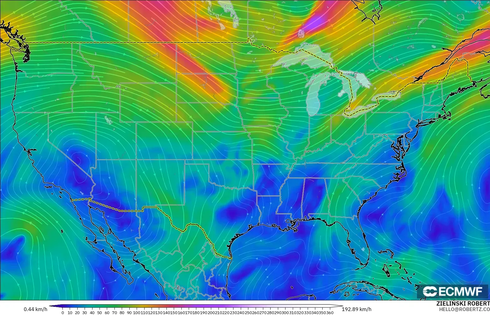 ECMWF IFS 0.25° modelo - United States, Wind at 300hPa (jet stream)
