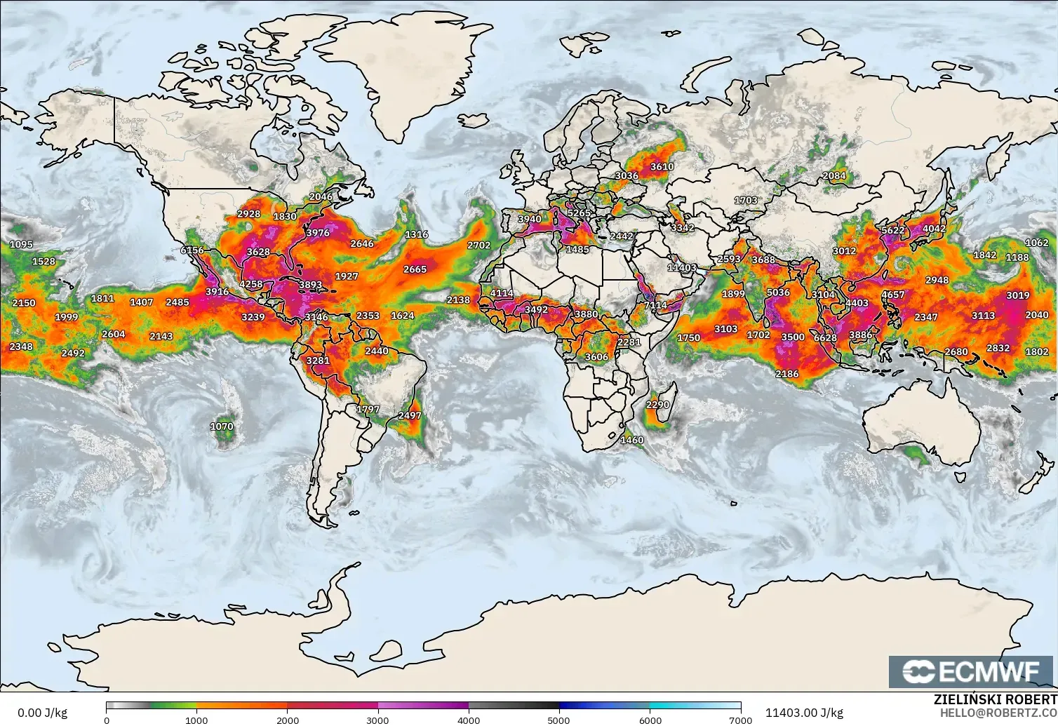 ECMWF IFS 0.25° modelo - World, CAPE