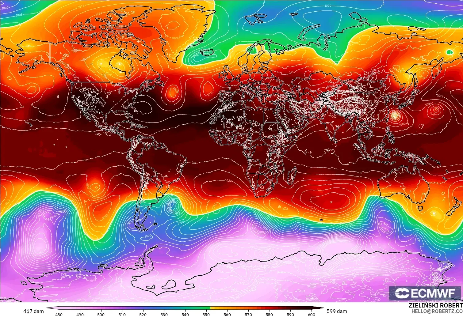 ECMWF IFS 0.25° modelo - World, Geopotential height at 500hPa