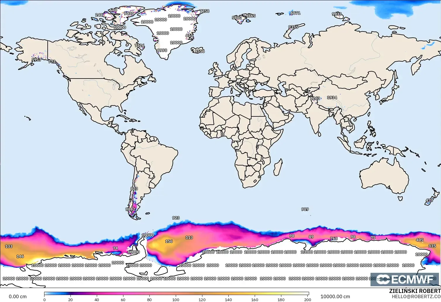 ECMWF IFS 0.25° modelo - World, Snow Depth