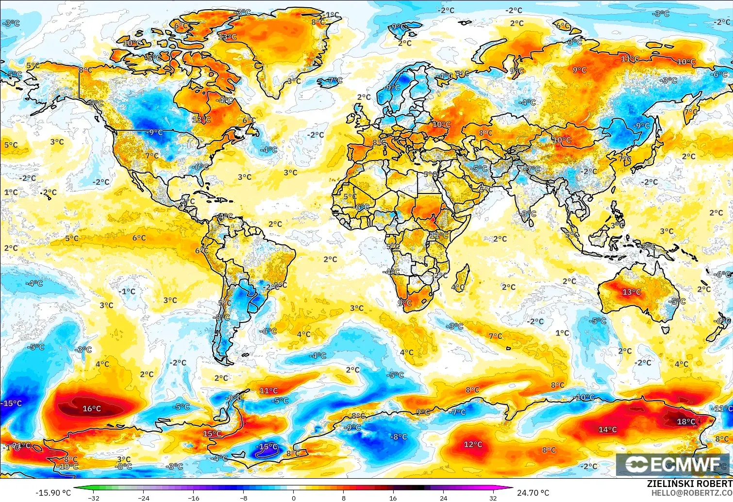 ECMWF IFS 0.25° modelo - World, Temperature at 2m Anomaly