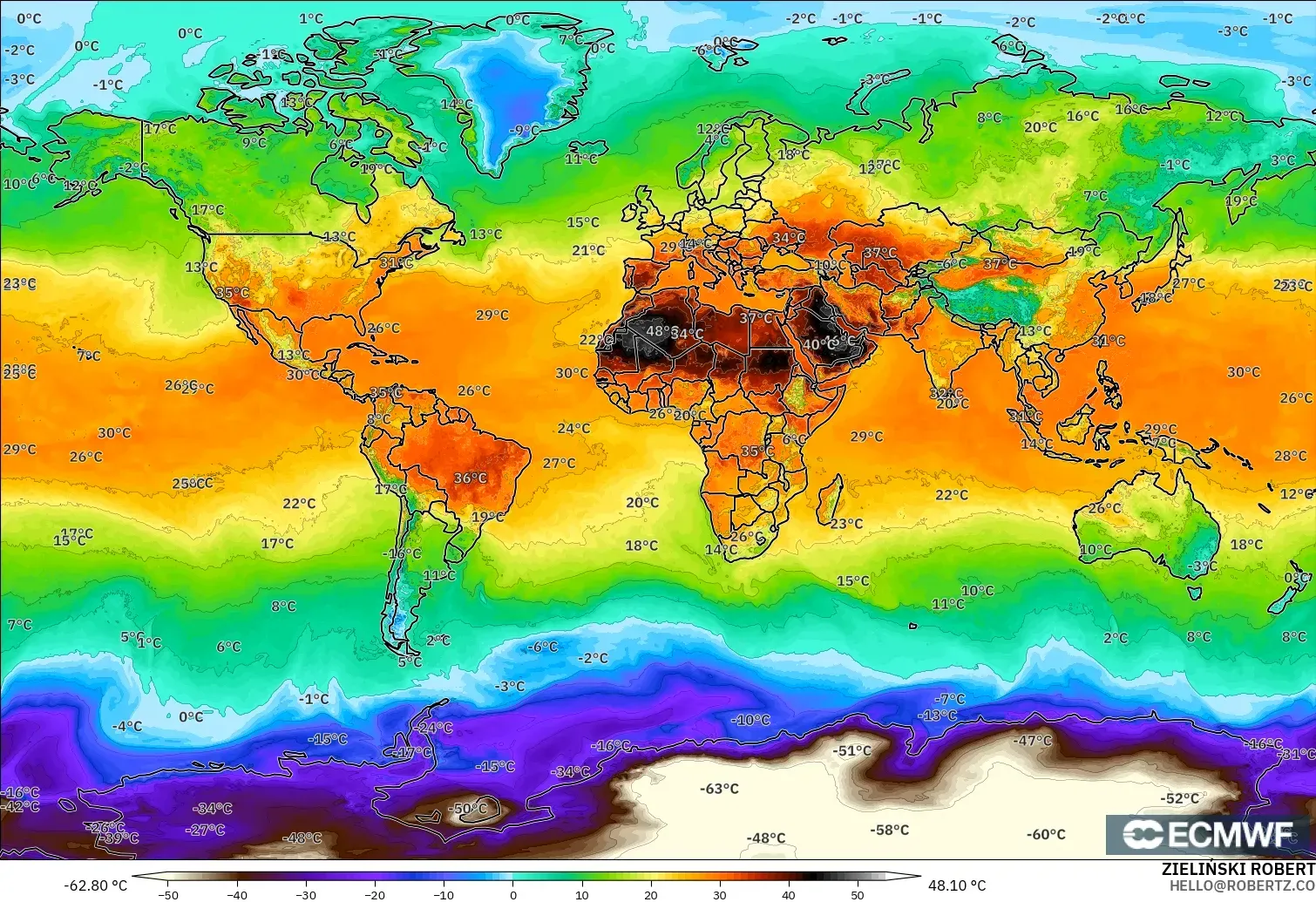 ECMWF IFS 0.25° modelo - World, Temperature at 2m