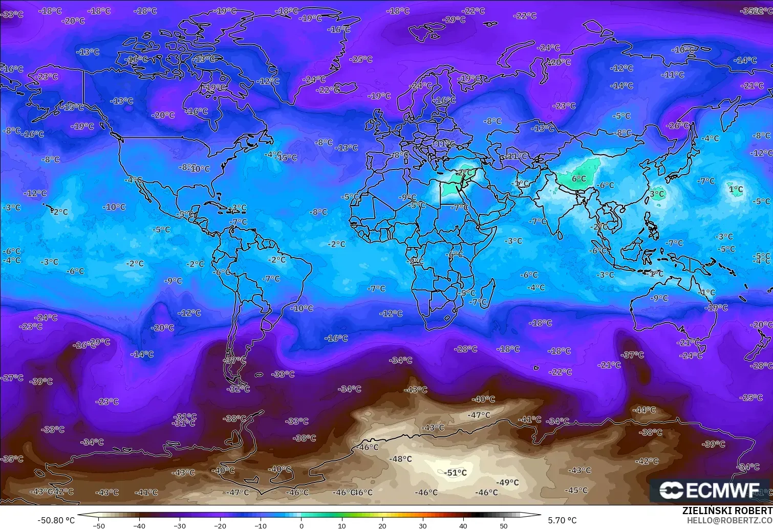ECMWF IFS 0.25° modelo - World, Temperature at 500hPa