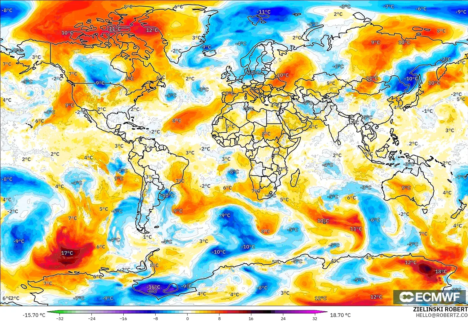 ECMWF IFS 0.25° modelo - World, Temperature at 850hPa Anomaly