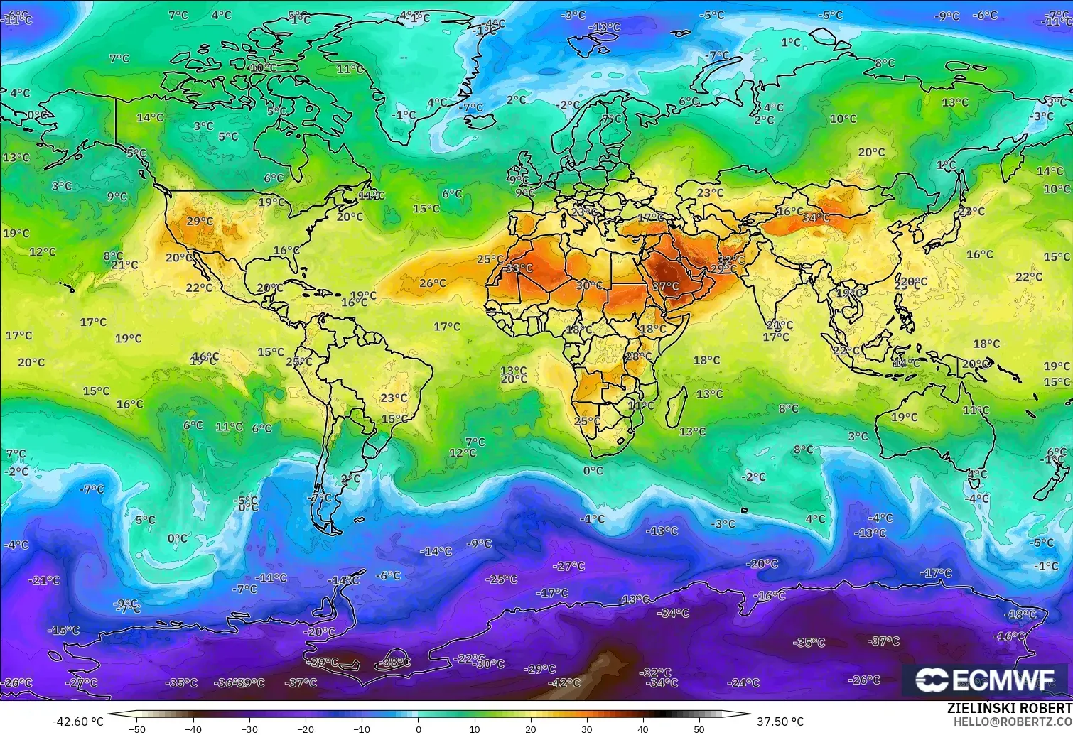 ECMWF IFS 0.25° modelo - World, Temperature at 850hPa