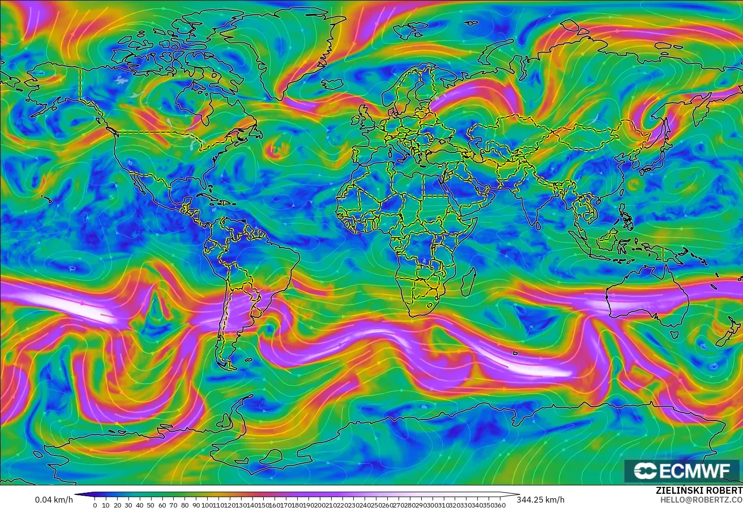 ECMWF IFS 0.25° modelo - World, Wind at 300hPa (jet stream)