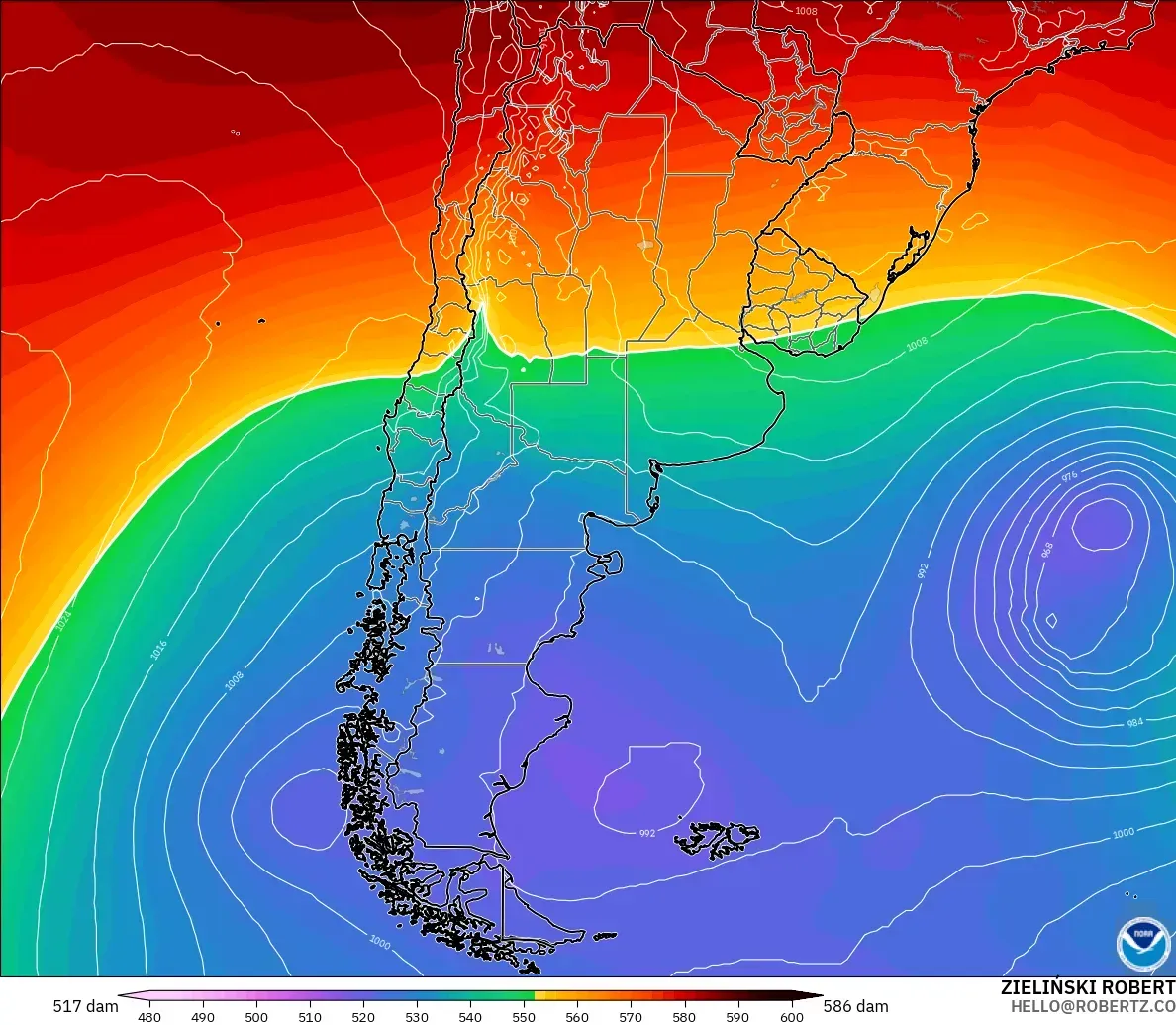 GFS modelo - Argentina, Geopotential height at 500hPa