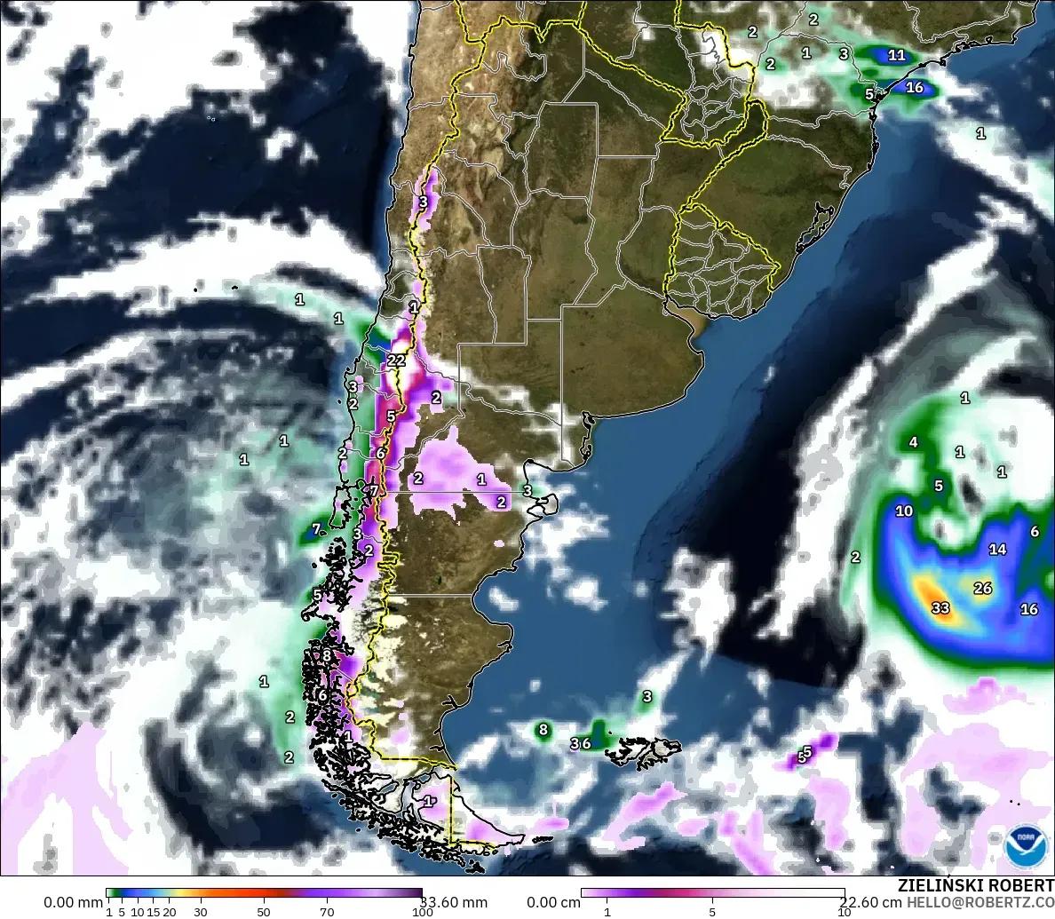GFS modelo - Argentina, Precipitation, Clouds, and Pressure