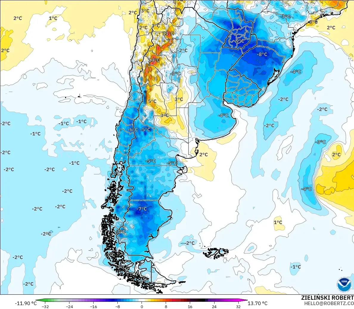GFS modelo - Argentina, Temperature at 2m Anomaly