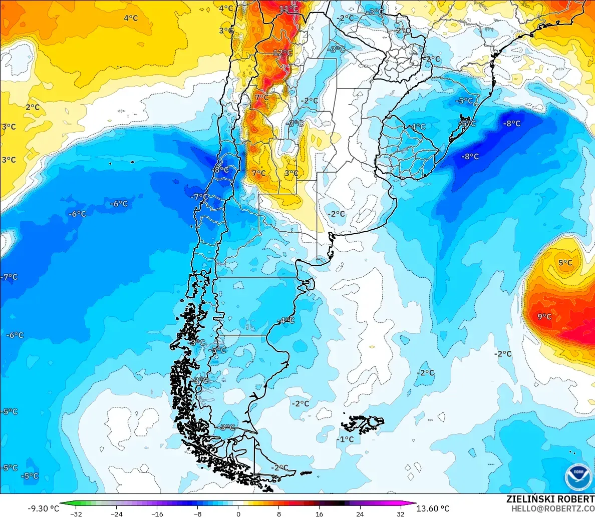 GFS modelo - Argentina, Temperature at 850hPa Anomaly