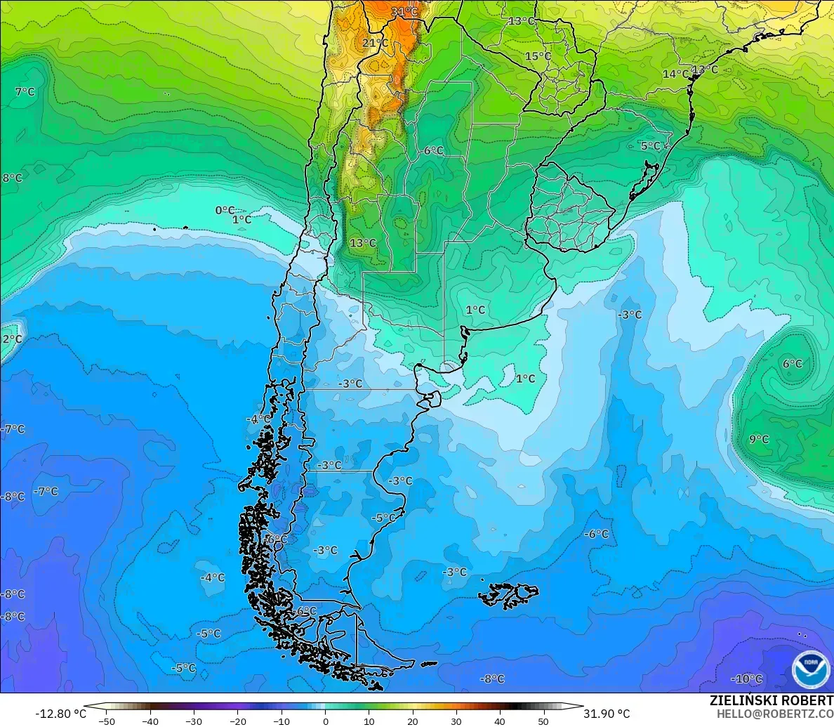 GFS modelo - Argentina, Temperature at 850hPa