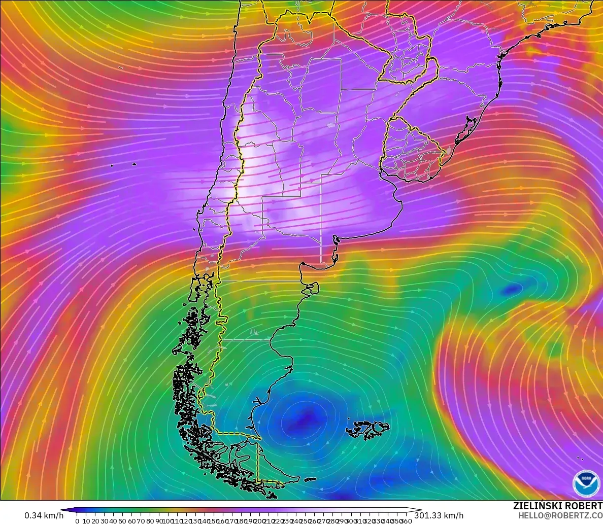 GFS modelo - Argentina, Wind at 300hPa (jet stream)