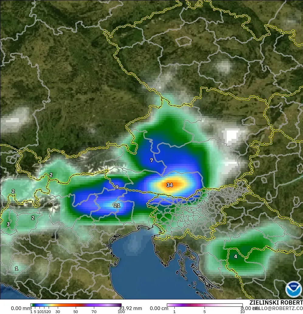 GFS modelo - Austria, Precipitation, Clouds, and Pressure