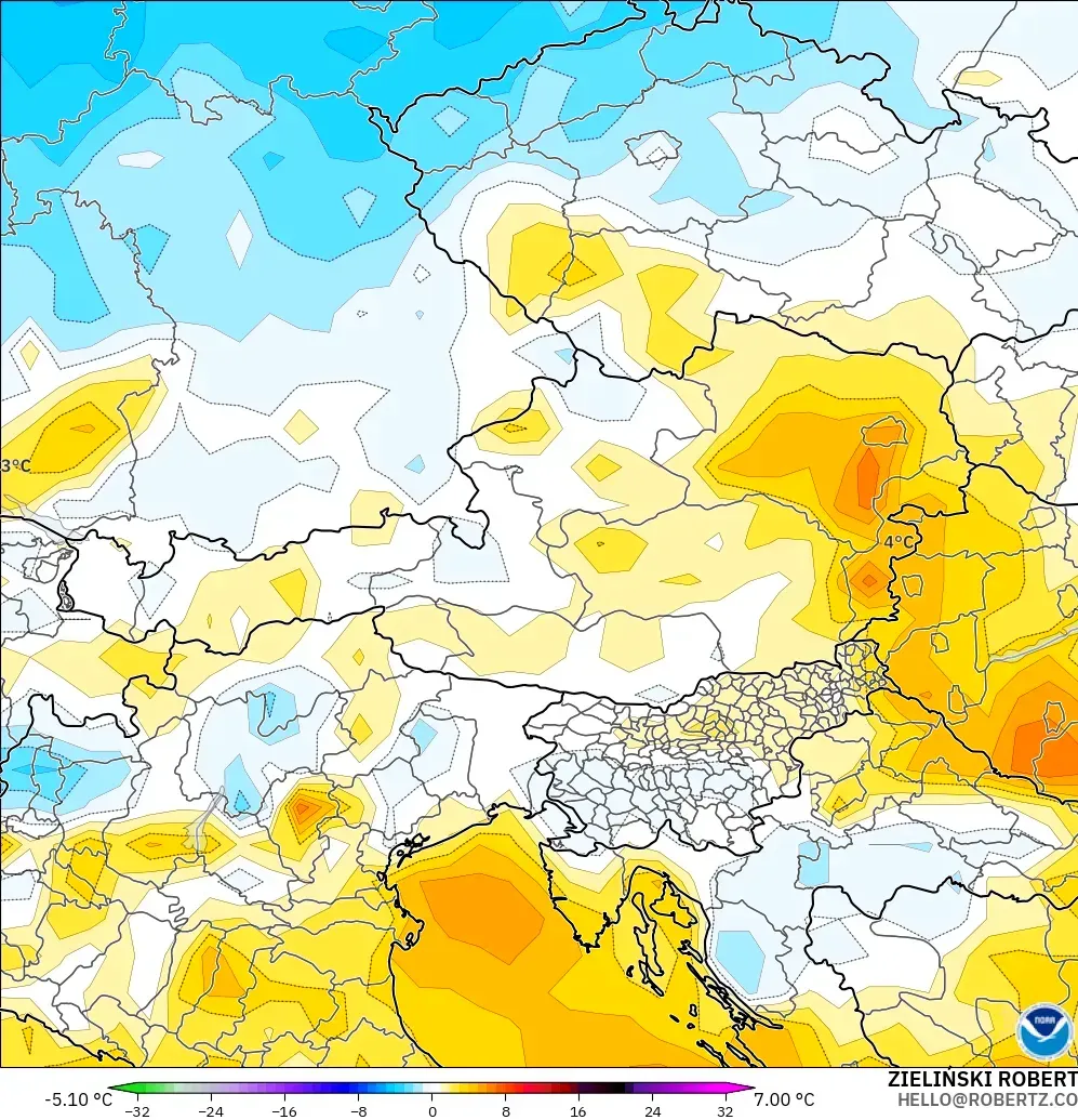 GFS modelo - Austria, Temperature at 2m Anomaly