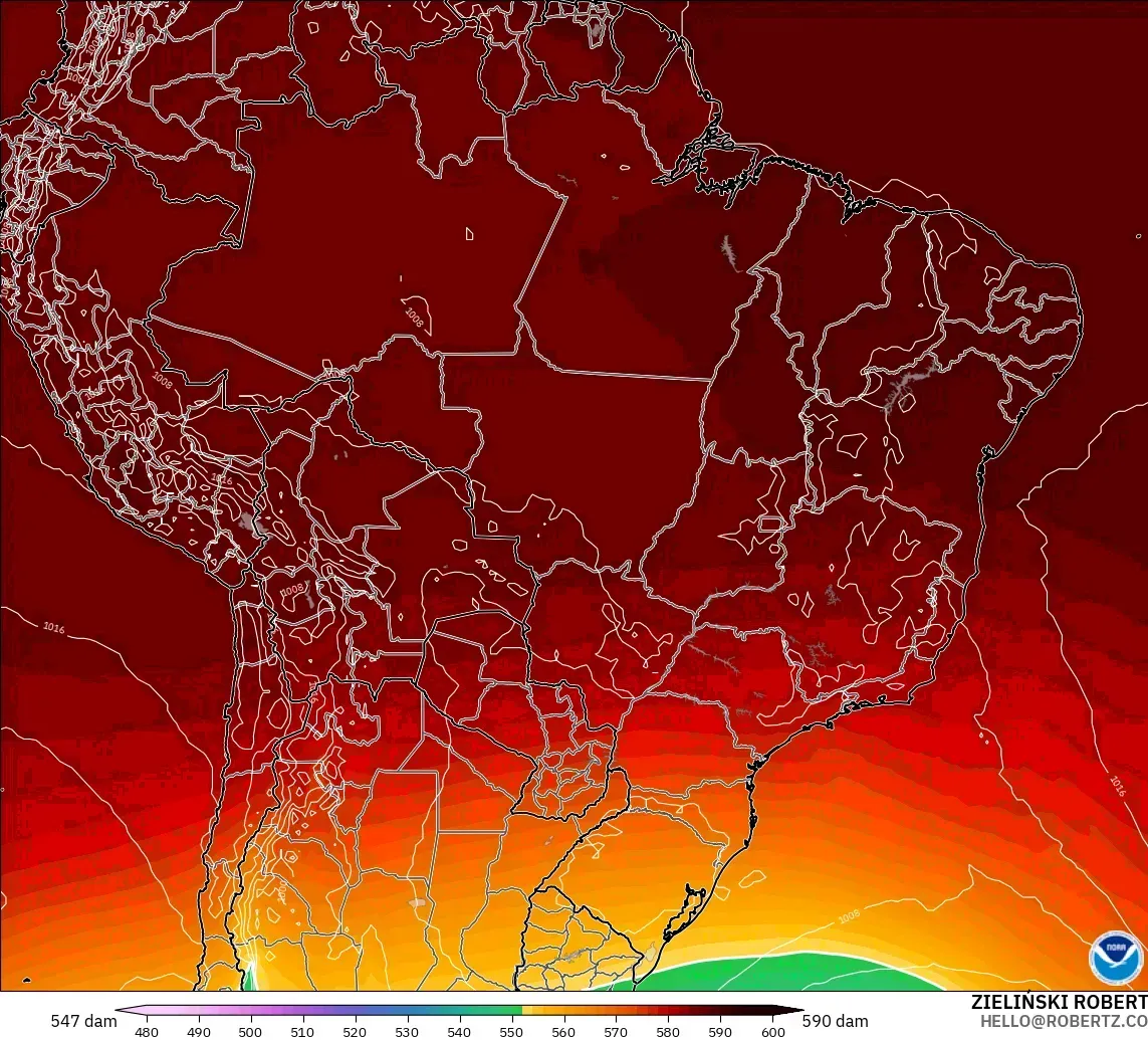 GFS modelo - Brazil, Geopotential height at 500hPa