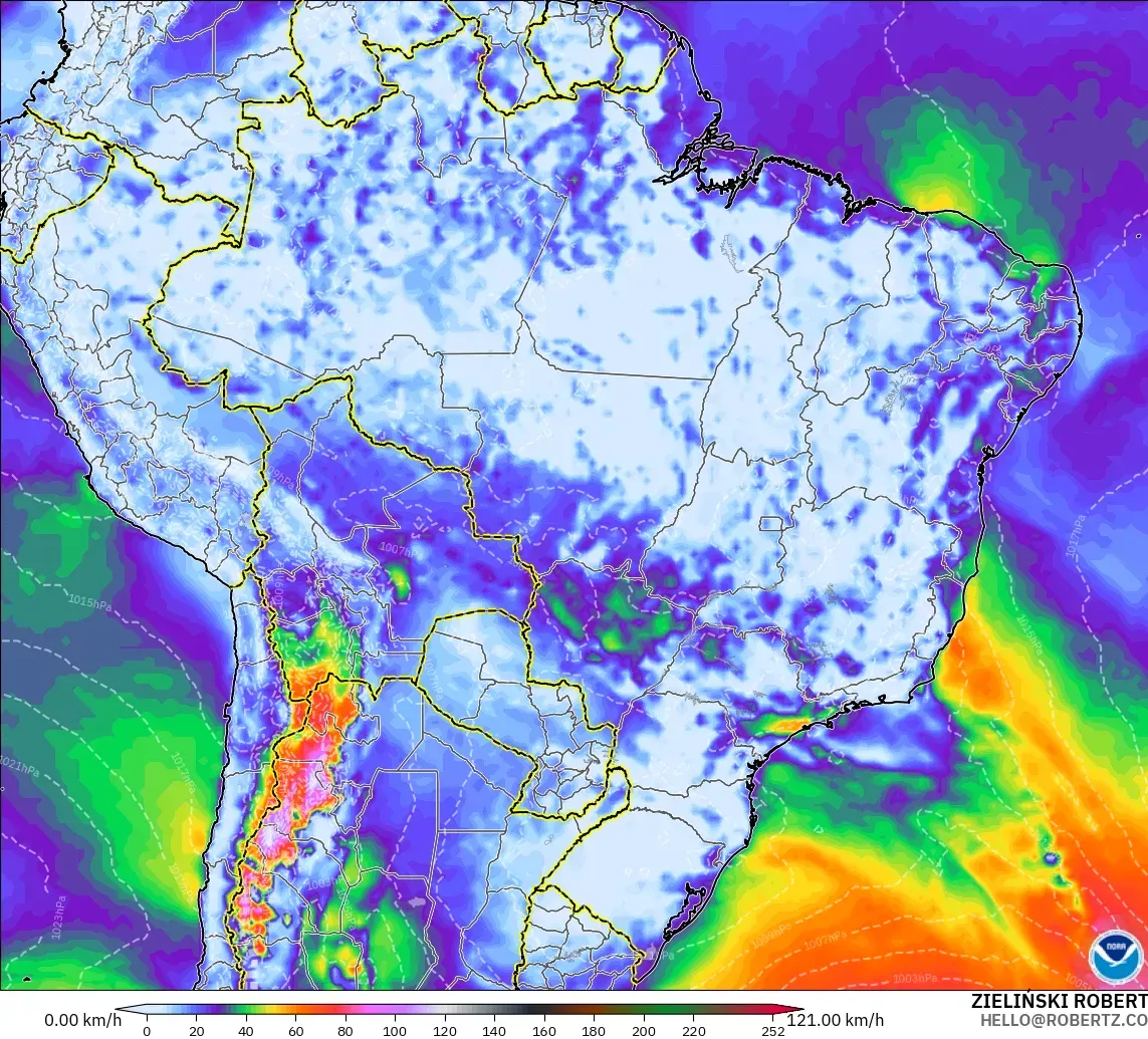 GFS modelo - Brazil, Wind Gusts Peak