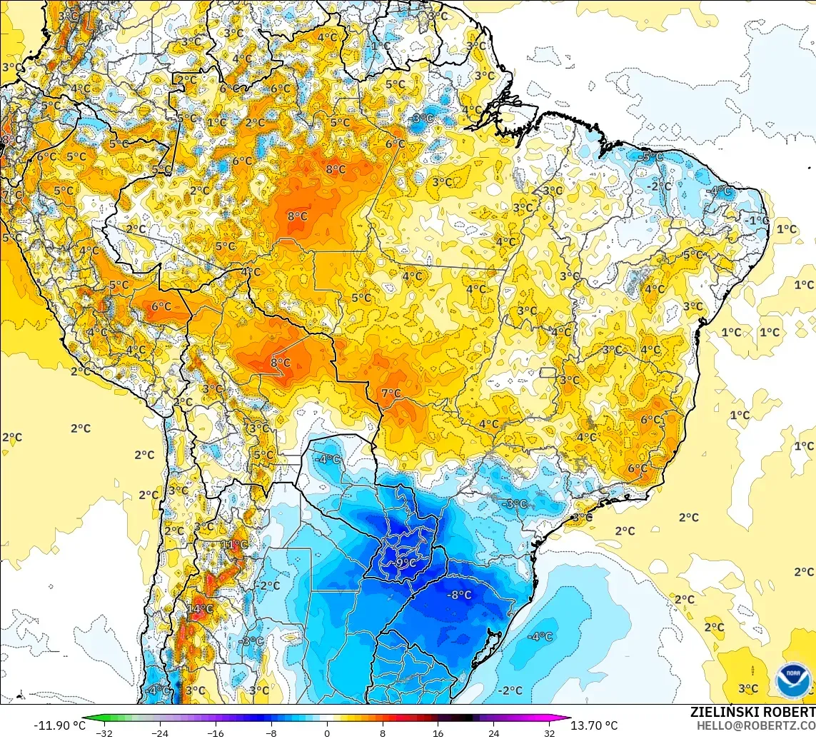 GFS modelo - Brazil, Temperature at 2m Anomaly
