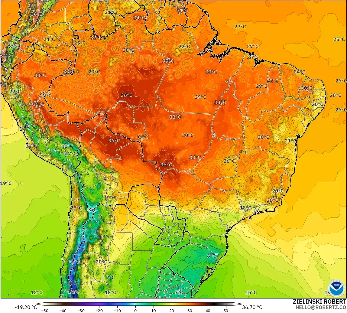GFS modelo - Brazil, Temperature at 2m