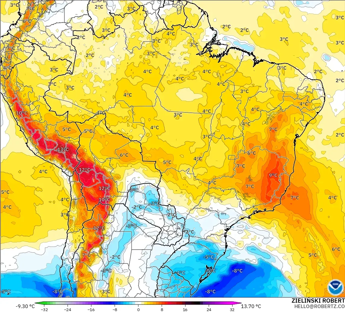 GFS modelo - Brazil, Temperature at 850hPa Anomaly