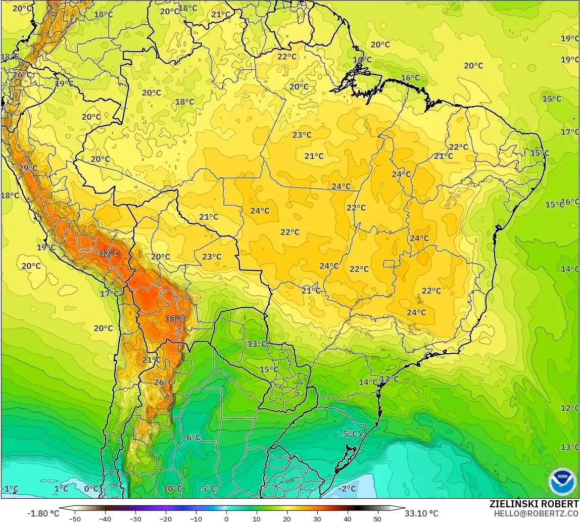 GFS modelo - Brazil, Temperature at 850hPa