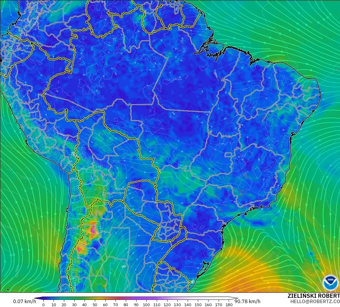 GFS modelo - Brazil, Wind at 10m