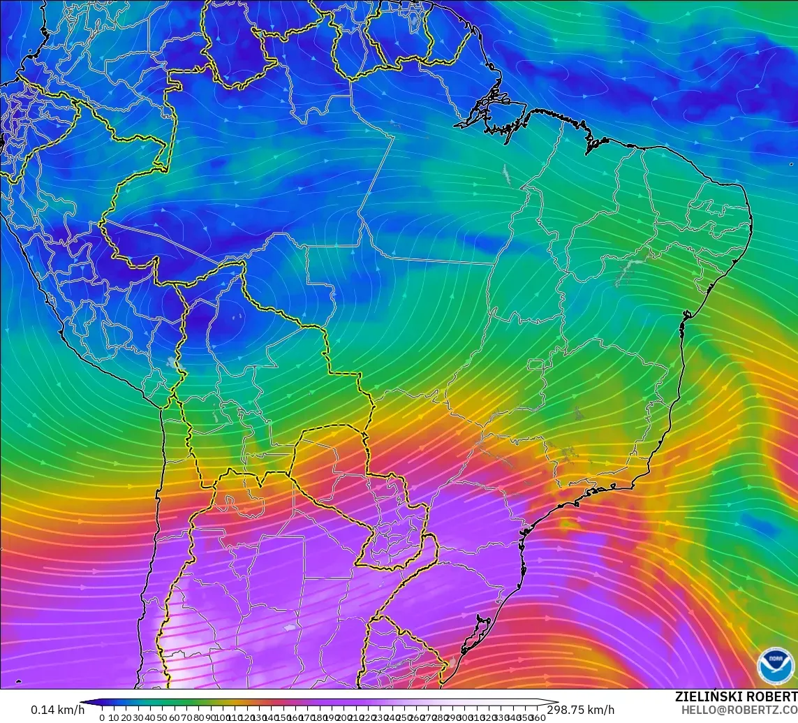 GFS modelo - Brazil, Wind at 300hPa (jet stream)