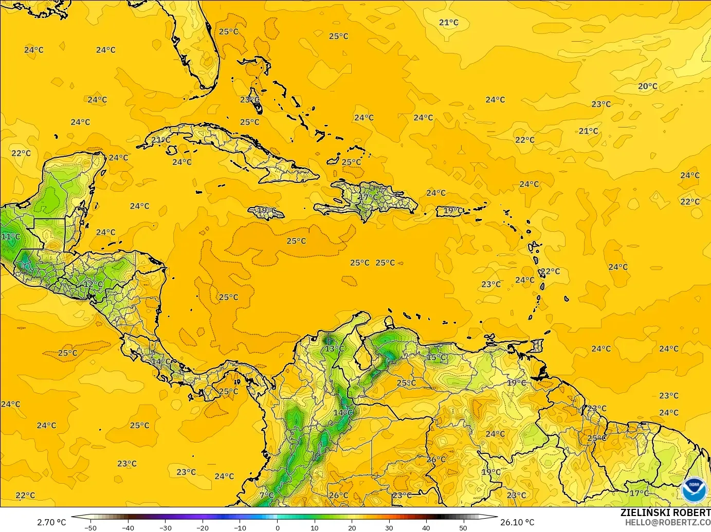 GFS modelo - Caribbean, Dewpoint at 2m