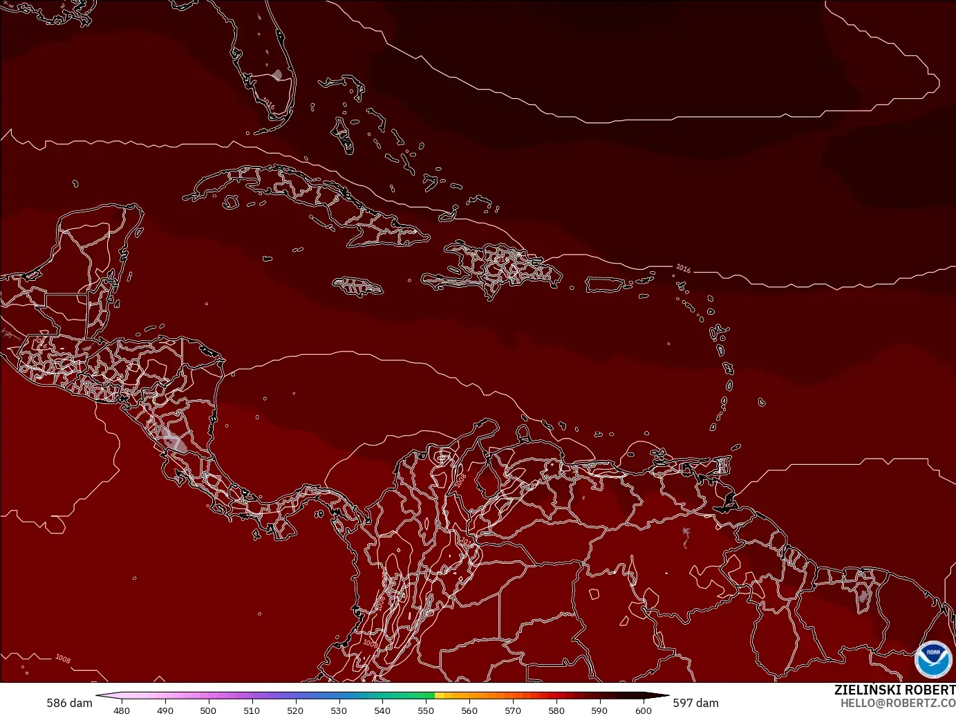GFS modelo - Caribbean, Geopotential height at 500hPa