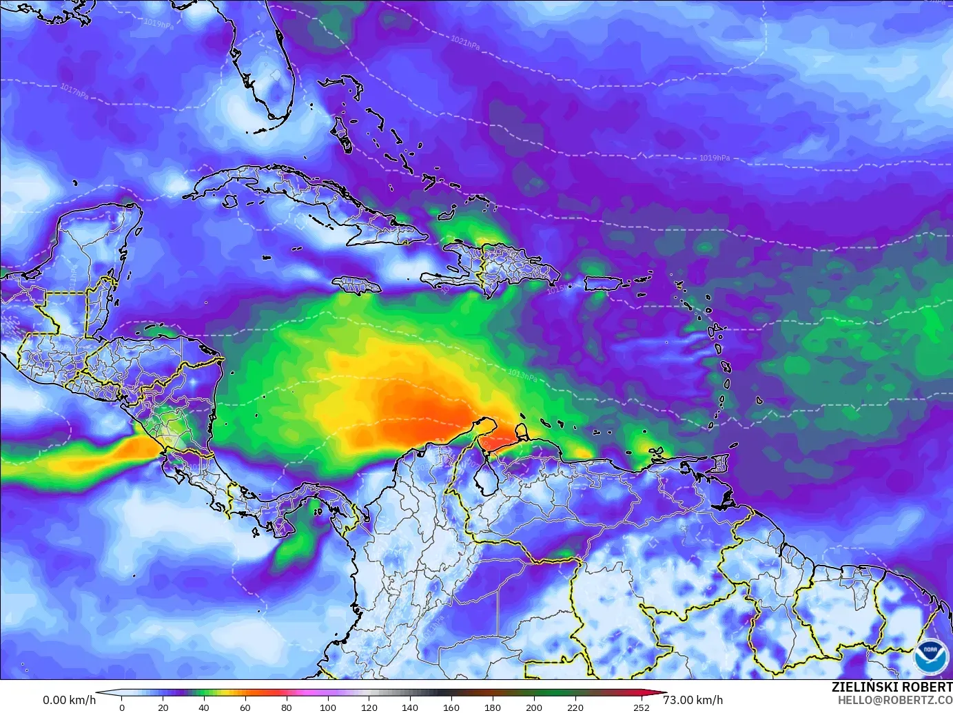 GFS modelo - Caribbean, Wind Gusts Peak