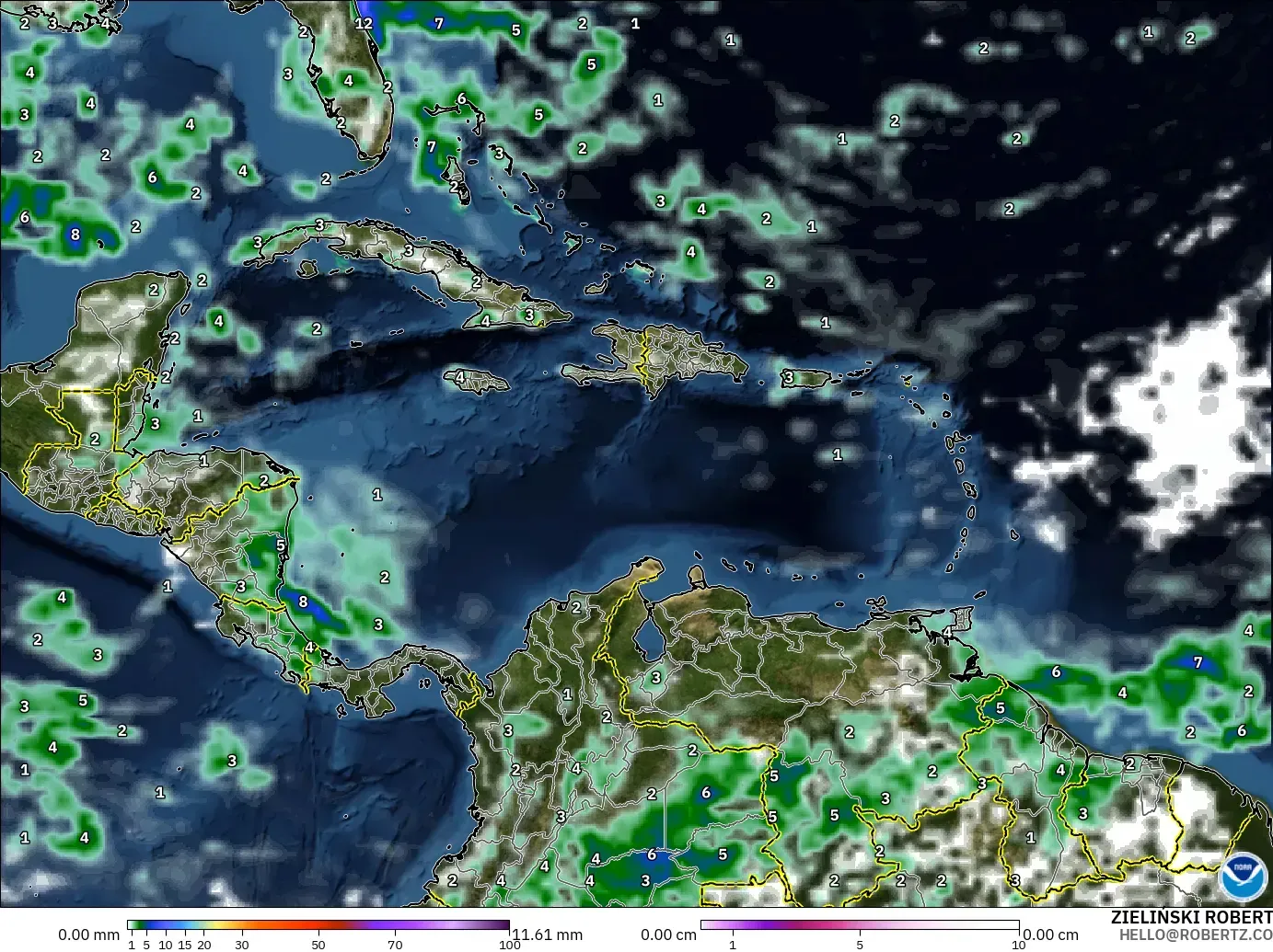 GFS modelo - Caribbean, Precipitation, Clouds, and Pressure
