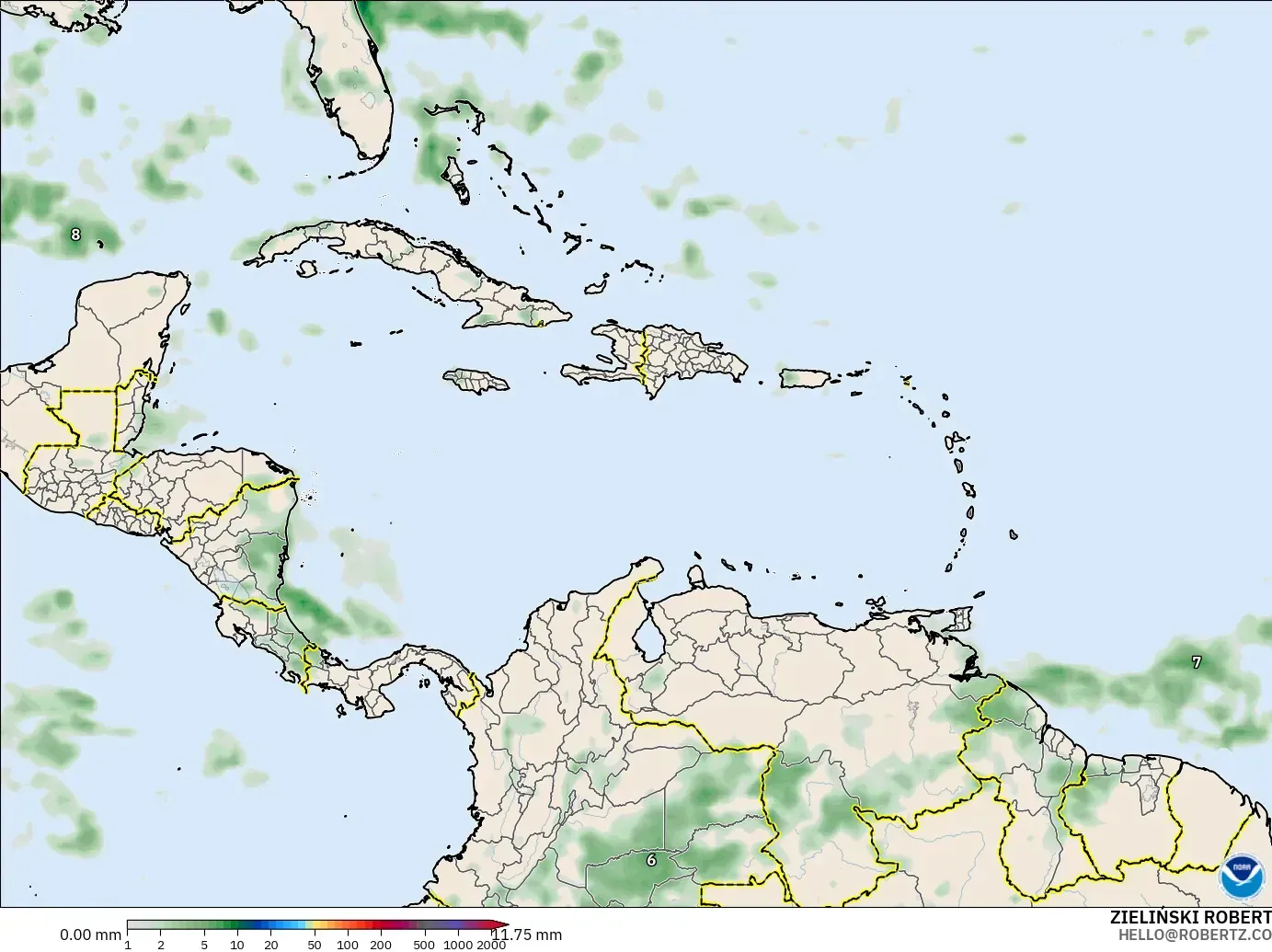 GFS modelo - Caribbean, Precipitation Accumulation