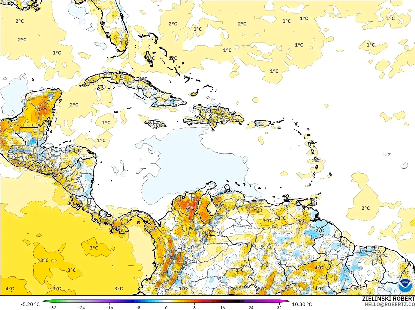 GFS modelo - Caribbean, Temperature at 2m Anomaly