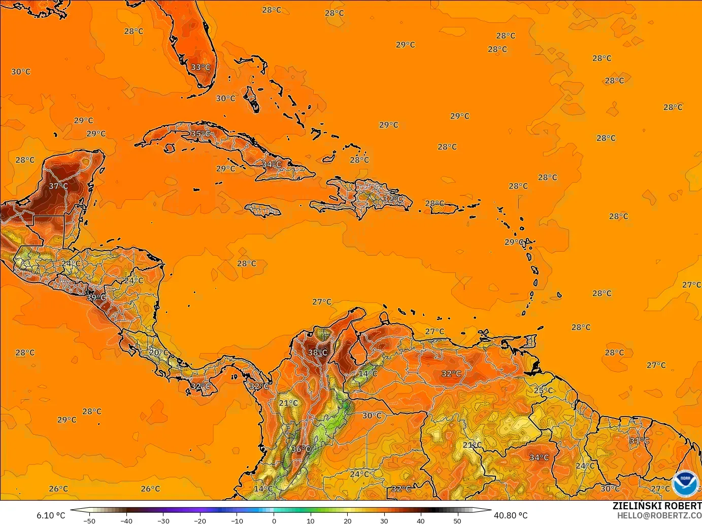 GFS modelo - Caribbean, Temperature at 2m