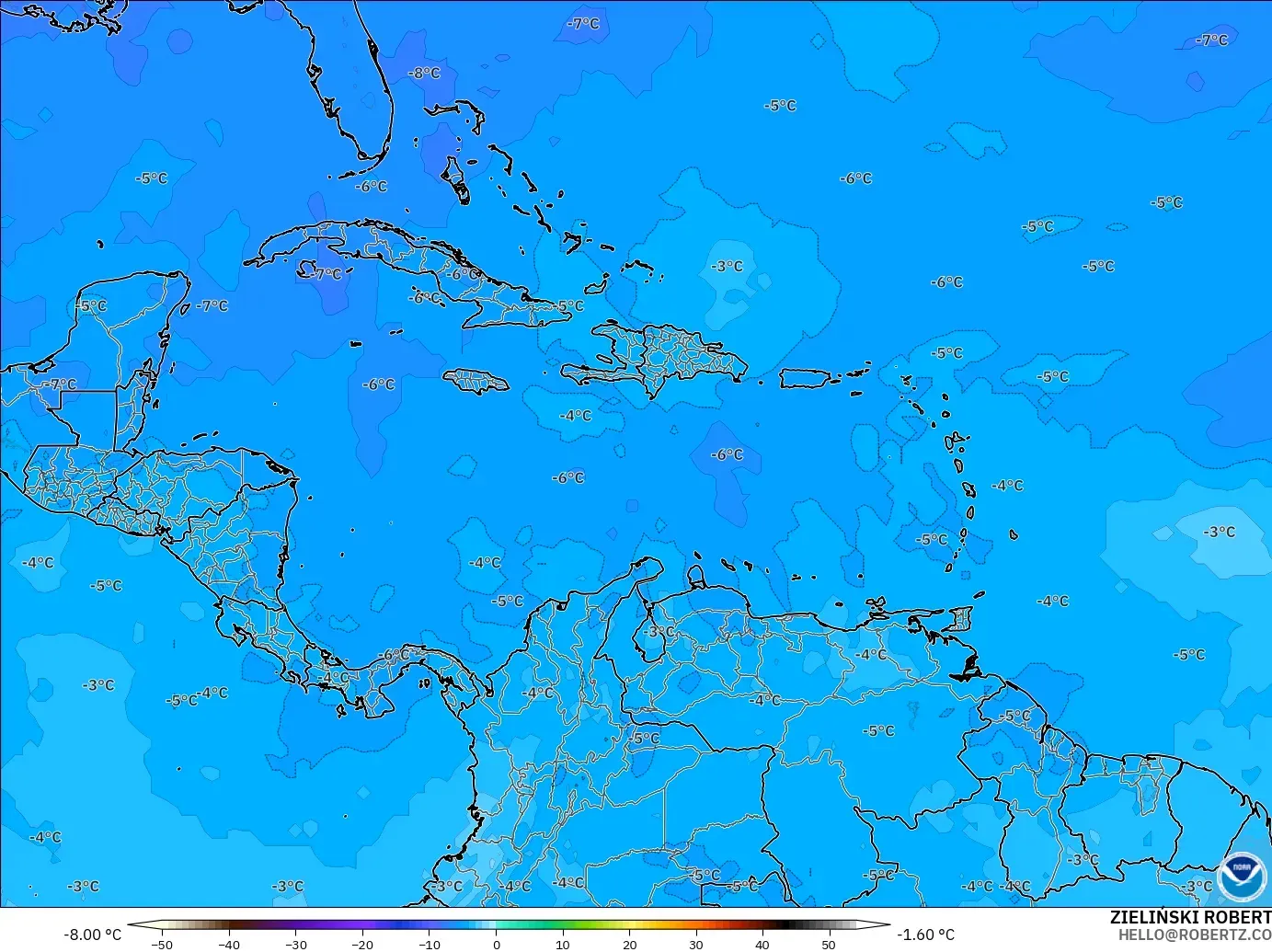 GFS modelo - Caribbean, Temperature at 500hPa