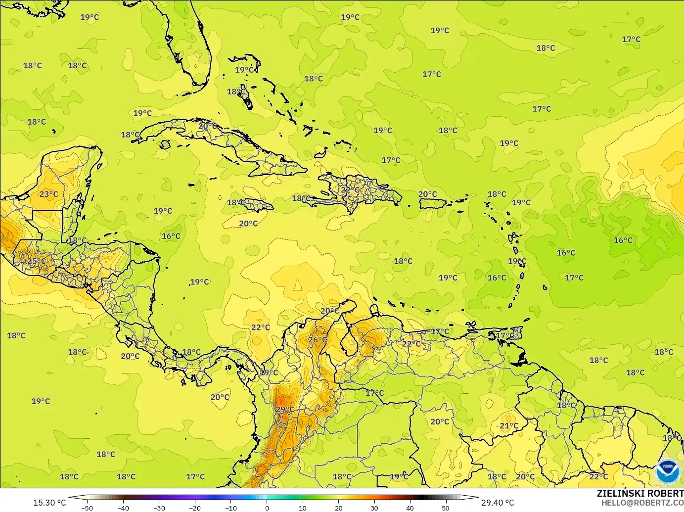 GFS modelo - Caribbean, Temperature at 850hPa