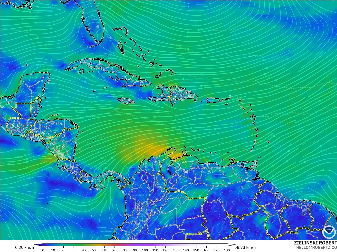 GFS modelo - Caribbean, Wind at 10m
