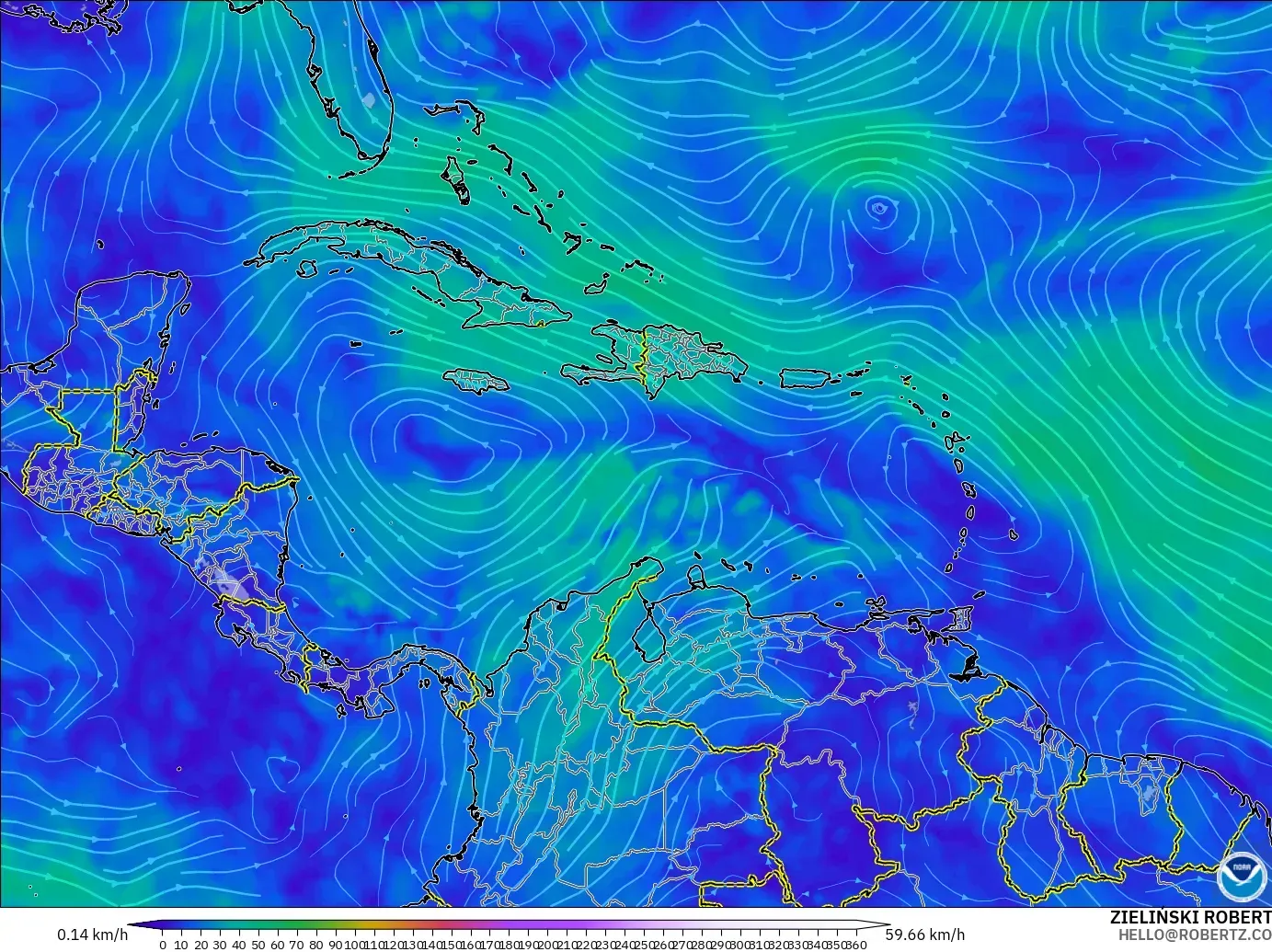 GFS modelo - Caribbean, Wind at 300hPa (jet stream)