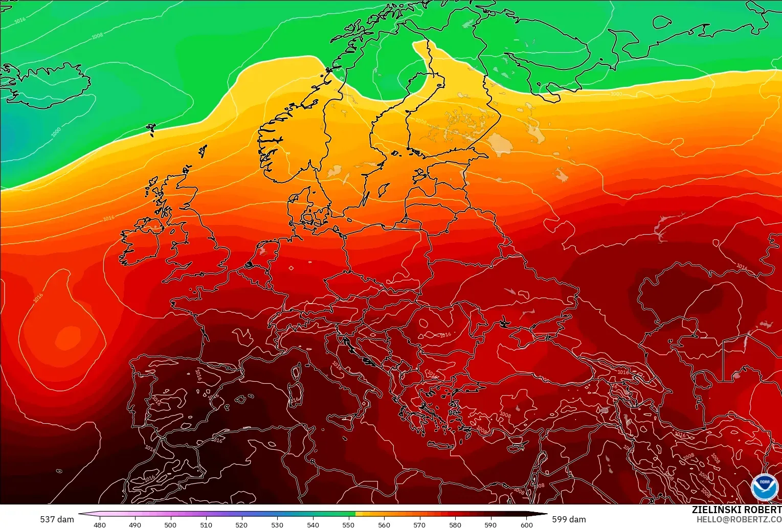 GFS modelo - Europe, Geopotential height at 500hPa