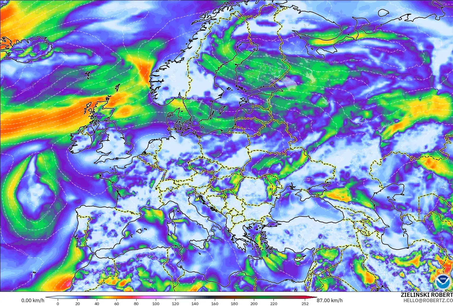 GFS modelo - Europe, Wind Gusts Peak