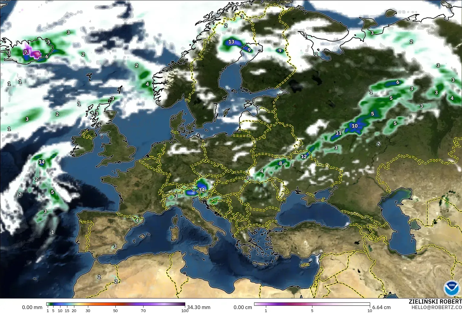 GFS modelo - Europe, Precipitation, Clouds, and Pressure