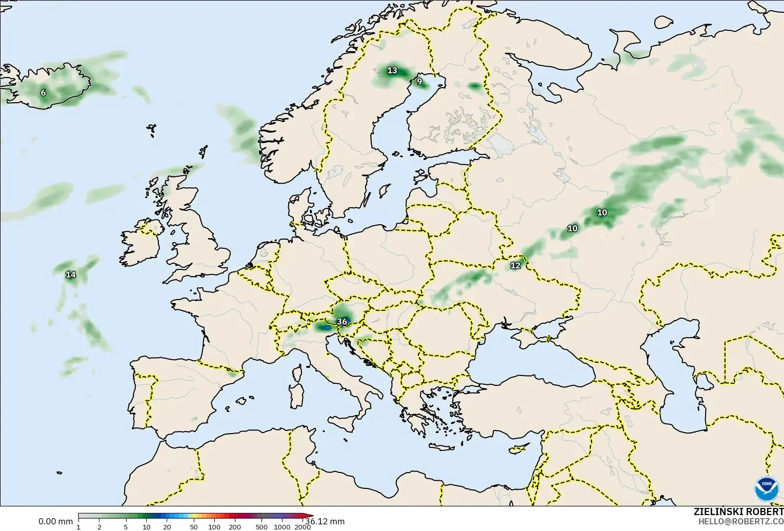 GFS modelo - Europe, Precipitation Accumulation