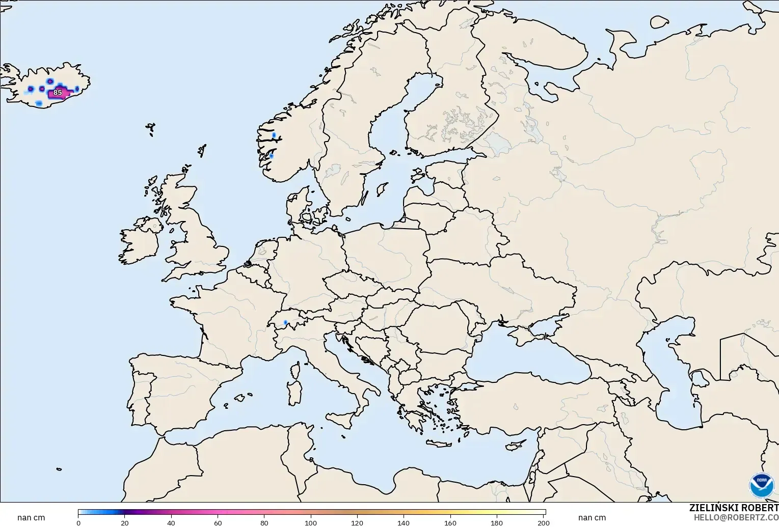 GFS modelo - Europe, Snow Depth