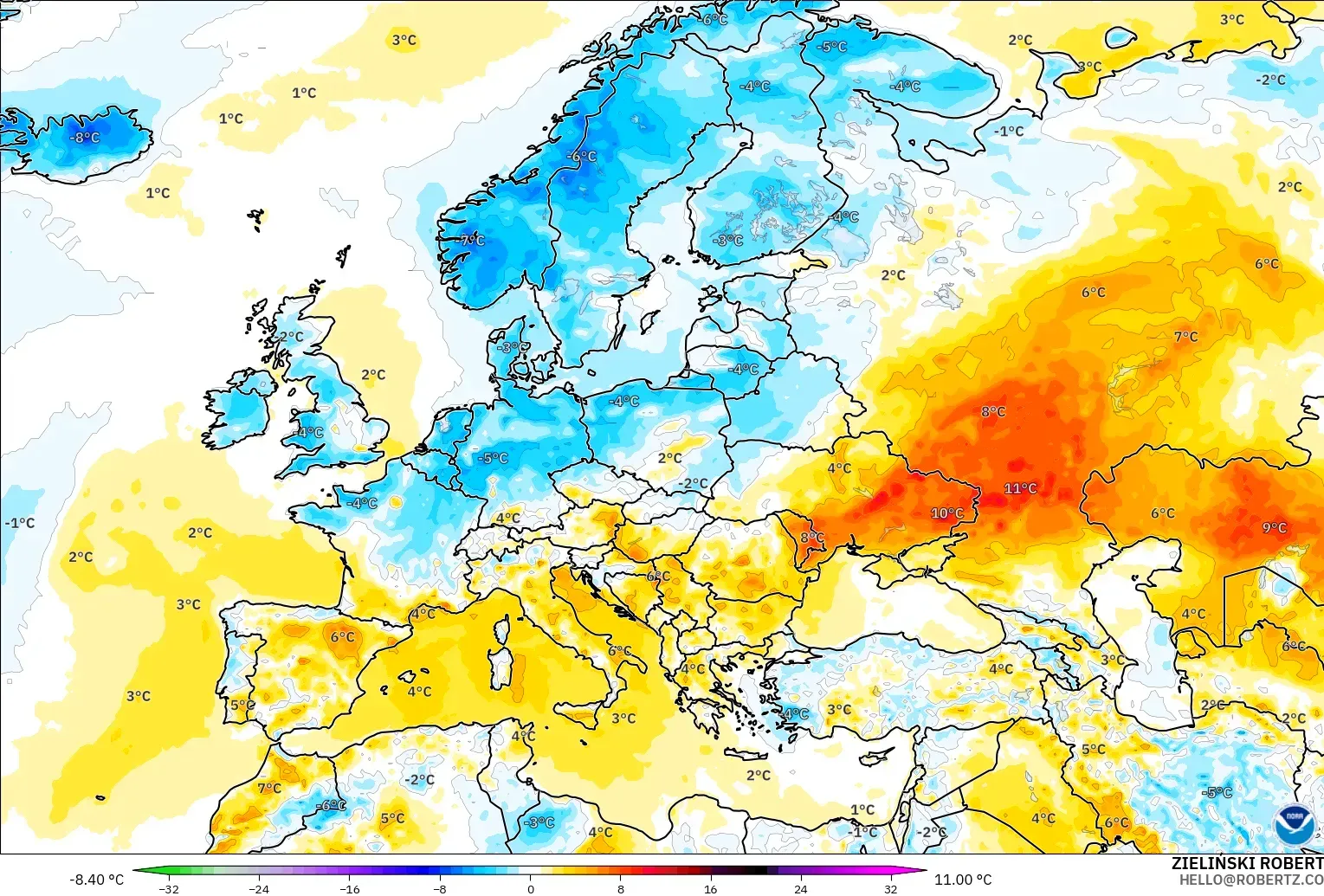 GFS modelo - Europe, Temperature at 2m Anomaly